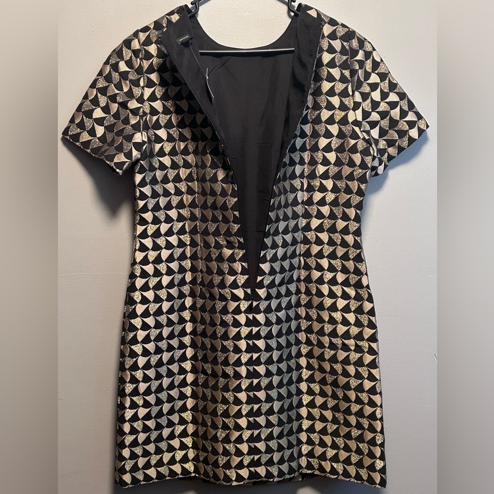 Ann Taylor Classic Geo Jacquard Flare Dress Black/Gold Size 14 - Picture 4 of 15